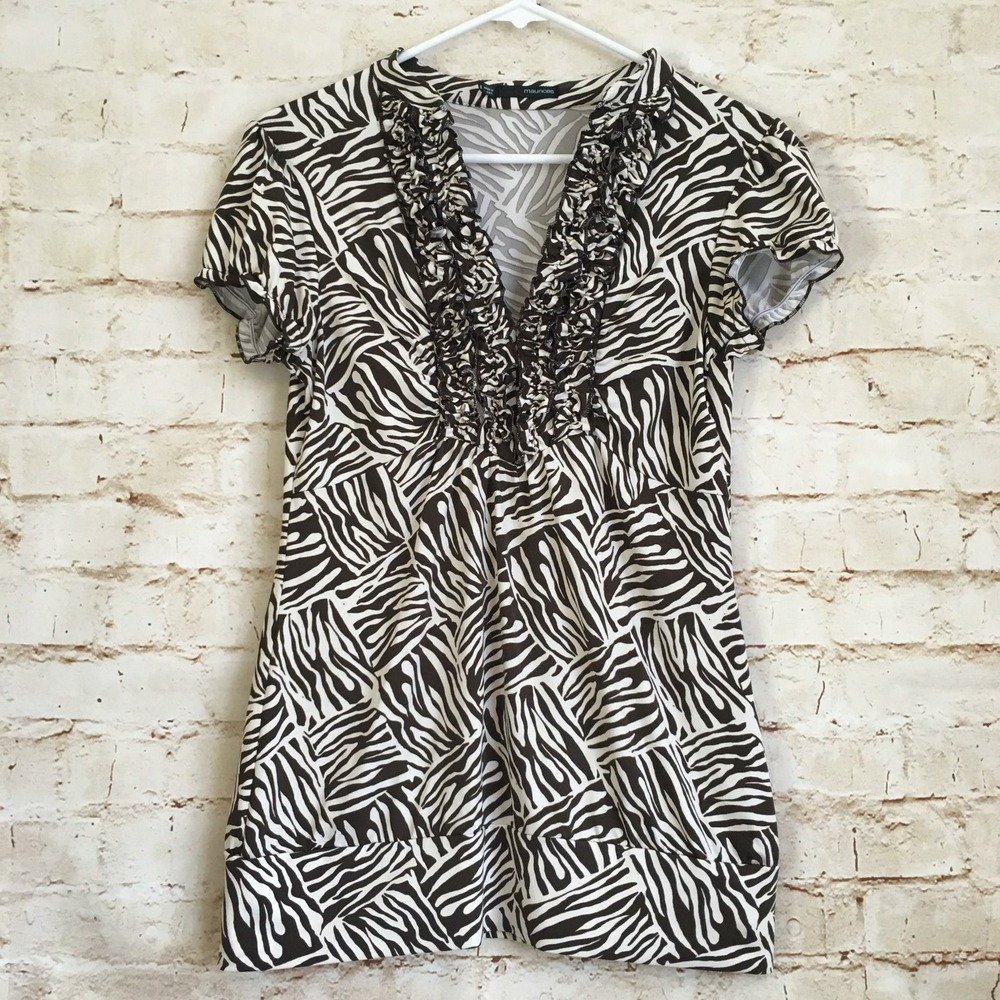Maurices Women's Size Small Brown White Zebra Print Short Sleeve Blouse - Picture 1 of 6